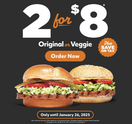 Harvey’s Canada Deals: Enjoy Two Original or Veggie Burgers for $8.00